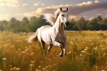 Plakat illustration,horse running in the meadow, website header, ai generative