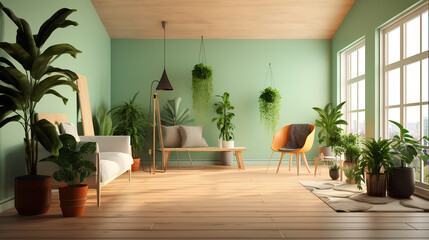 Fototapeta na wymiar green room, interior landscaping, plants in the room, rest room, light room, plants on the background of a light green wall, botanical interior, ai generative 
