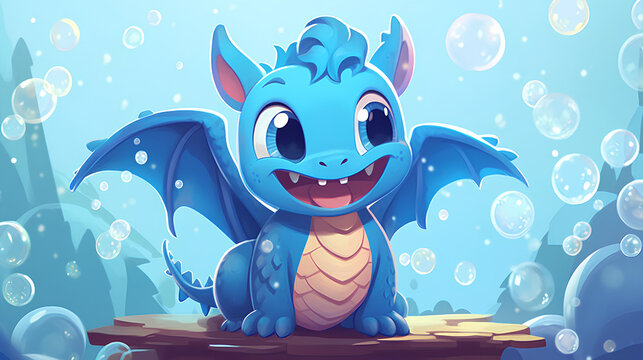 fairy tale character baby dragon, water dragon, magical creature, dragon in bubbles, dragon sitting on stones, ai generative 
