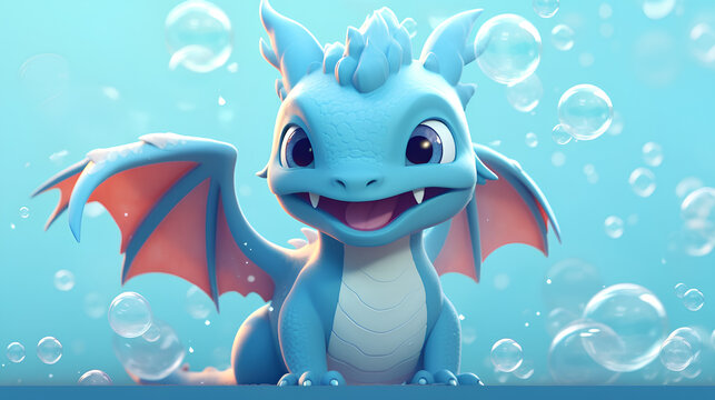 blue dragon, symbol of the year 2024, baby dragon, 3d image, blue background with bubbles, dragon in bubbles, little dragon cartoon hero, ai generative 