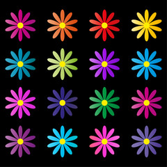 Set of colorful flowers on black background