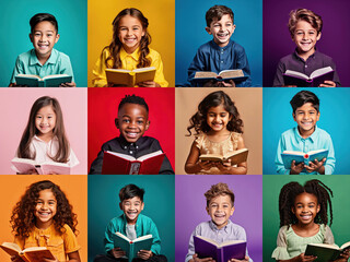 Collage of happy multi ethnic kids of reading books on colorful backgrounds. Literacy, inclusivity, diversity concept - obrazy, fototapety, plakaty