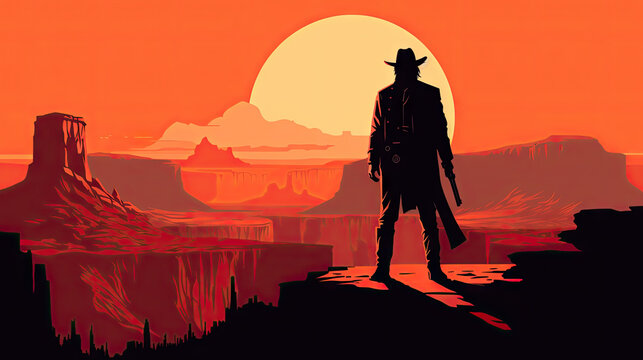 Dual Revolvers: Minimalist Portrait of a Quick-drawing Gunslinger , Western Artwork