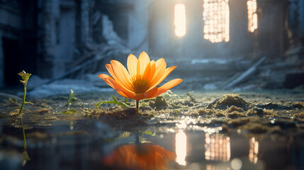 a very detailed photo of a flower in the center, a new bright luminous sprout
