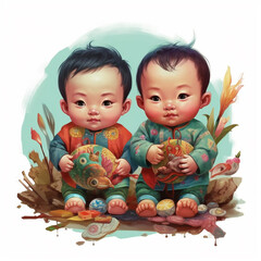 asian baby twins characters - obrazy, fototapety, plakaty