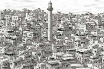 monochrome cityscape featuring a towering skyscraper. Generative AI