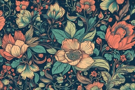 blue and orange floral wallpaper with a variety of flowers. Generative AI