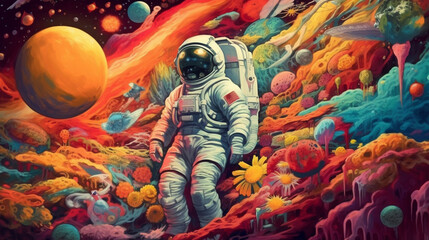 Illustrate an astronaut experiencing a psychedelic dream