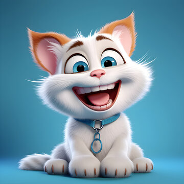 Cartoon adorable big eyes kitty kitten. White kat on a blue background. Generative AI