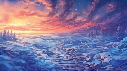 A blizzard in a frozen tundra . Fantasy concept , Illustration painting. Generative Ai