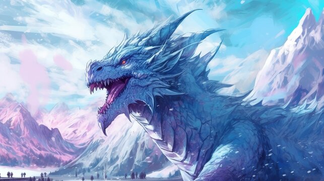 A blizzard covering a snow-covered mountain with an ice dragon . Fantasy concept , Illustration painting. Generative Ai