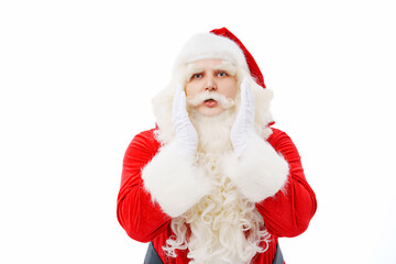 Santa Claus says with hands at the face on a white background Christmas.