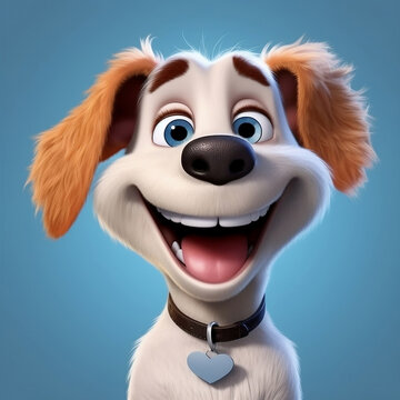 Cartoon Smiling Dog With Big Eyes On A Blue Background. A White Puppy With Brown Ears And A Charming Smile. Generative AI