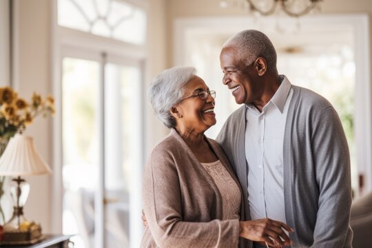 Radiant African American senior couple, holding hands, share smiles, exuding happiness and joy home.