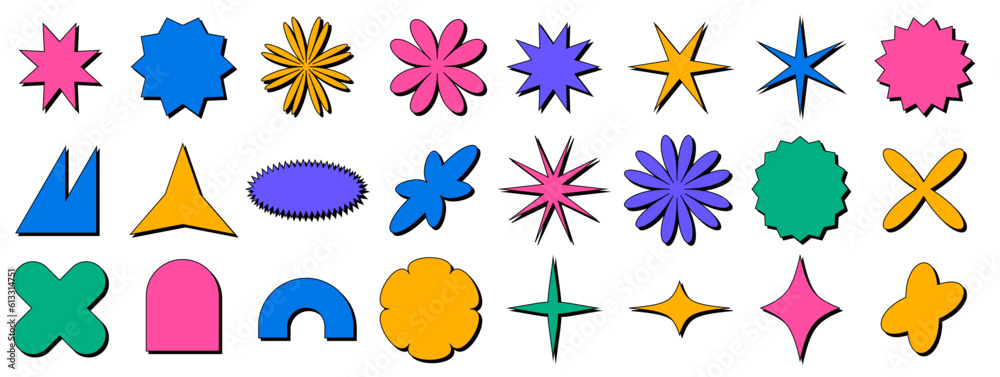 Aufkleber geometric figures in the style of brutalism. trendy geometry. crowns and stars and daisy flowers. se