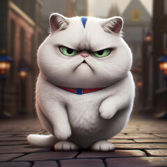 Cartoon fat cat illustration. Angry street cat on a blurred colored background. Generative AI
