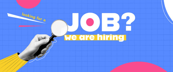 We are Hiring banner. Hand in collage style. Hr looking for employees online with magnifying glass . Abstract background about work. Grid blue paper with yelliow and pink and white shapes. Vector illu