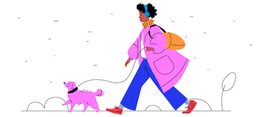 A black woman on a walk with her dog. Girl listening to music in the park. Wearing winter or fall clothes. Side view. Contemporary vibrant vector illustration. Trendy Flat and Line. 