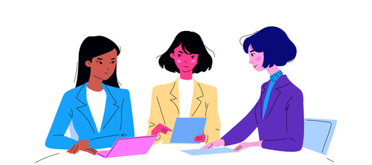 A group of women in an office meeting. Three young girls of different colors discussing work matters and developing a project. Vector contemporary illustration. Flat with a line. 