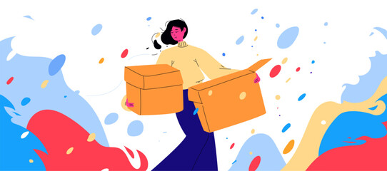 A modern illustration on the subject of layoffs. A woman leaves work with boxes in her hand. Surrounded by a dynamic abstract background as a metaphor for the loss of self and the turmoil in her head.