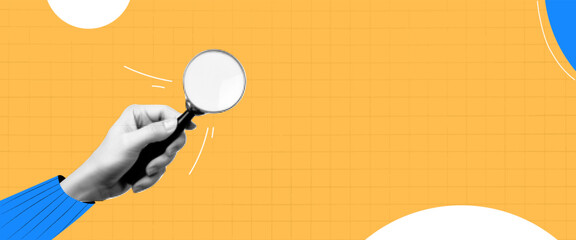 A collage on the subject of seo. Contemporary composition with a hand holding a magnifying glass. Attracting new users. Vector yellow background. - obrazy, fototapety, plakaty