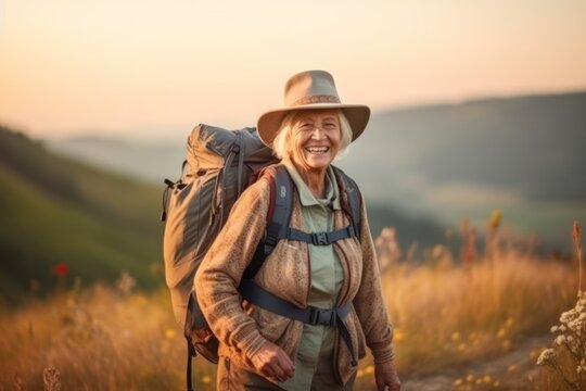 elderly woman in the highlands smiling active senior lady with a backpack finds delight in hiking