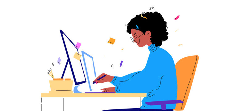 A stunning Black woman works hard at her computer. Sitting at her desk. Backlog at work, hard work. Side view. Contemporary vibrant vector illustration. Trendy Flat and Line. 
