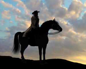 Cowboy Klaus Silhouette - A cowboy and his Quarter horse stand on a cliff resting during the sunset.