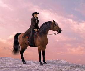 Cowboy Klaus - A Quarter horse and its cowboy rider stand on a cliff resting. © Catmando