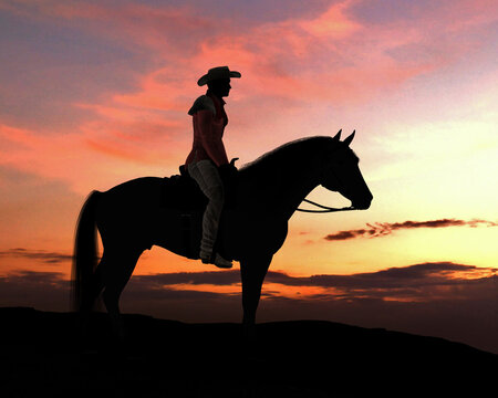 Cowboy Ethan Silhouette - A cowboy and his Quarter horse stand on a cliff resting during the sunset.