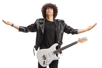 Musician in a black leather jacket with an electric guitar gesturing with hands