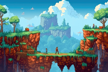 Adventure game screen, Retro computer games level. Pixel art video game scene 8 bit, ai generated.