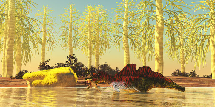 Ichthyovenator Marine Dinosaur - Onchopristis shark becomes prey to Ichthyovenator a marine Spinosaurus predator.