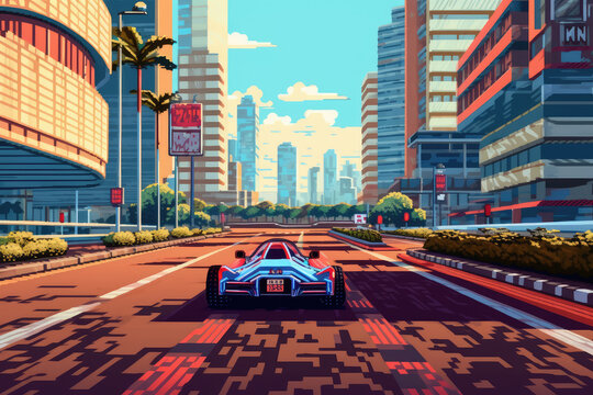 Pixel Art retro gameplay of a 1980 Sega Out Run arcade formula race style, ai generated.