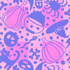 Cartoon Halloween seamless pumpkins and skulls and bones and cat and spider and ghost pattern for wrapping paper