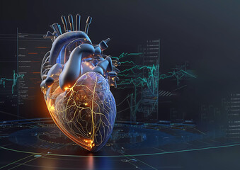 Human heart on the background of a cardiogram. Neon glow. New technologies. Banner. created by AI