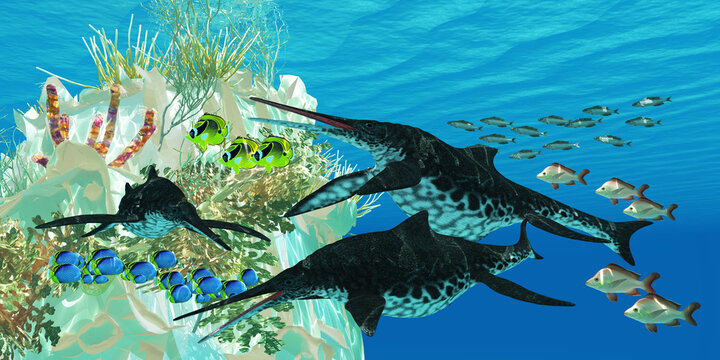 Shonisaurus Reptiles Underwater - Shonisaurus Ichthyosaurs swim among fish surrounding an underwater reef.