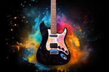 An abstract, vibrant-colored guitar with splashes of colorful paint, creating a striking visual contrast against a sleek black backdrop - obrazy, fototapety, plakaty