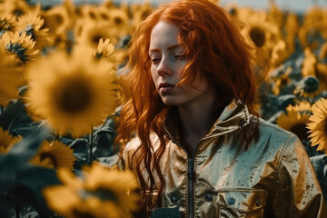 A girl with red hair in a field of sunflowers, blue sky. Summer photo of a mysterious girl in nature. generative ai