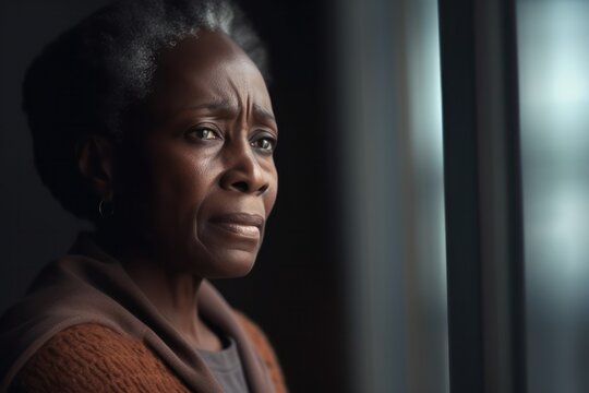 Troubled African American senior woman gazes through window, loneliness and depression.