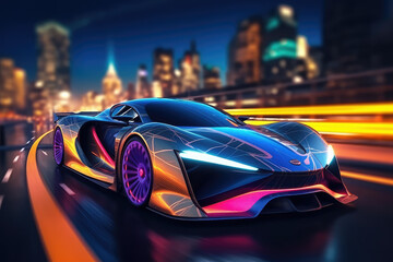 Fototapeta na wymiar Sports car of the future on the road in motion, speed and transport. Sports car on the background of the city neon light. generative ai