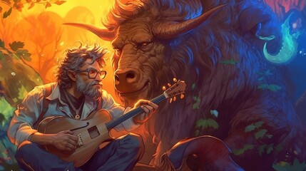 A bard using their musical talents to calm a raging beast in the wilderness . Fantasy concept , Illustration painting. Generative Ai