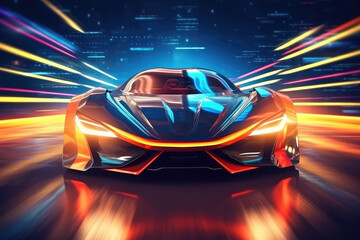 Sports car of the future on the road in motion, speed and transport. Sports car on the background of the city neon light. generative ai