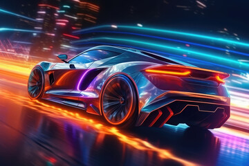 Obraz na płótnie Canvas Sports car of the future on the road in motion, speed and transport. Sports car on the background of the city neon light. generative ai