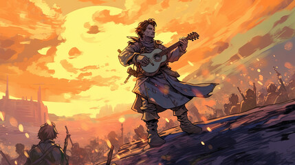 A bard performing a song of epic heroism on a battlefield . Fantasy concept , Illustration painting. Generative Ai
