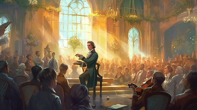 A bard performing for a group of noble patrons in a grand ballroom . Fantasy concept , Illustration painting. Generative Ai