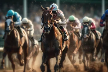 Foto op Canvas Horse racing, betting on equestrian sports. An equestrian. Many horses are competing, running against the background of the sunset. generative ai © MoreThanProd