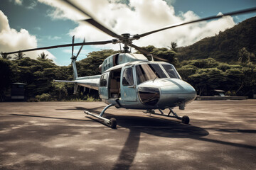 Fototapeta na wymiar Private helicopter, tropics in summer, private jet. Transport in the parking lot on the background of mountains. generative ai