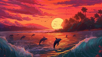 Fototapeta na wymiar A beautiful sunset over a tropical beach with a group of dolphins leaping in the waves . Fantasy concept , Illustration painting. Generative Ai