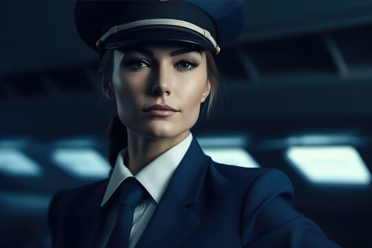 Female Pilot In Uniform, Stewardess, Air Marshal Looks At The Camera, Portrait. Generative Ai